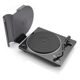 Denon DP400 tonearm closeup highlights accurate tracking and smooth playback.