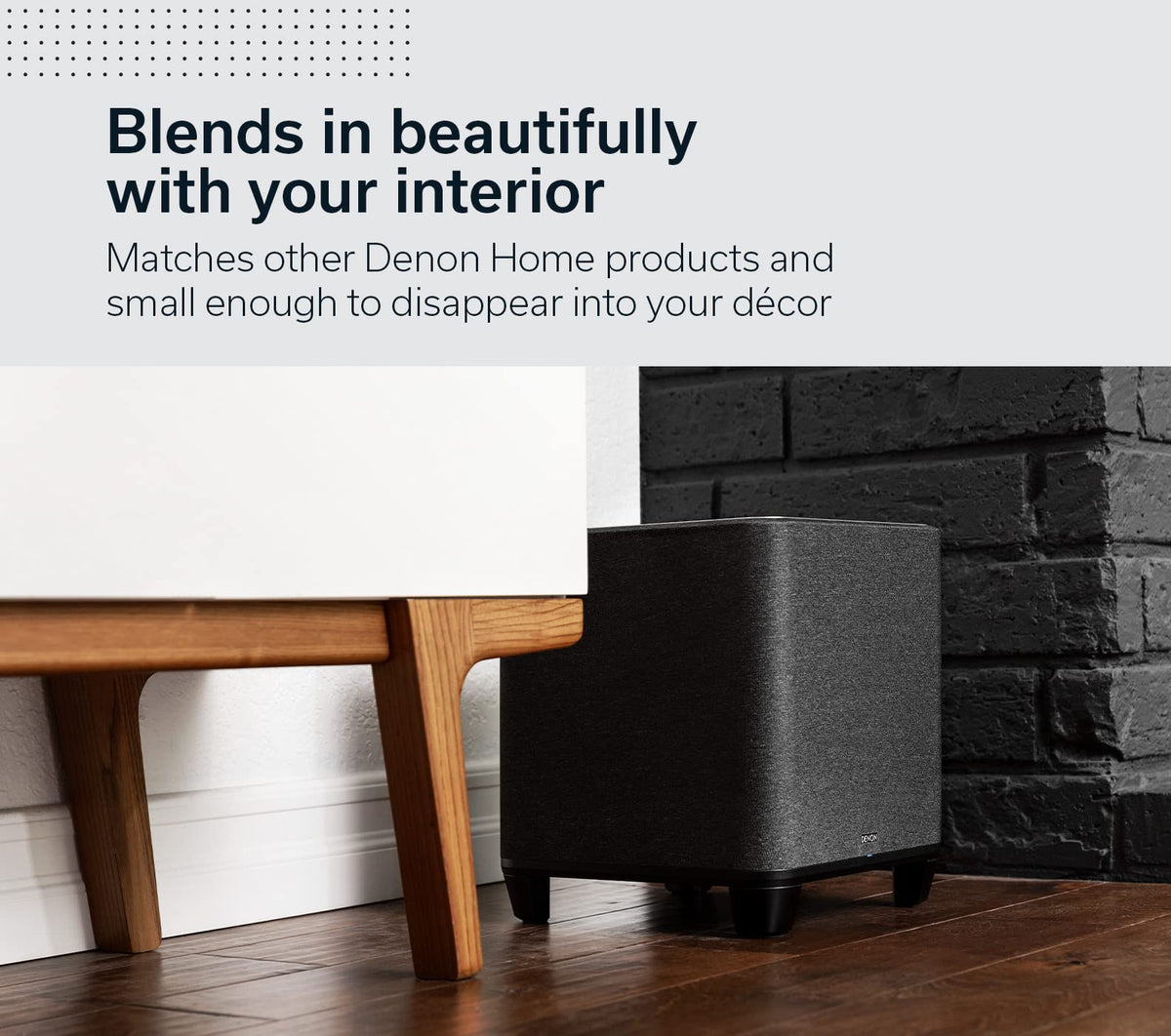 Denon Home Subwoofer with HEOS app control for precise volume and filtering.