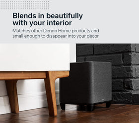 Denon Home Subwoofer with HEOS app control for precise volume and filtering.