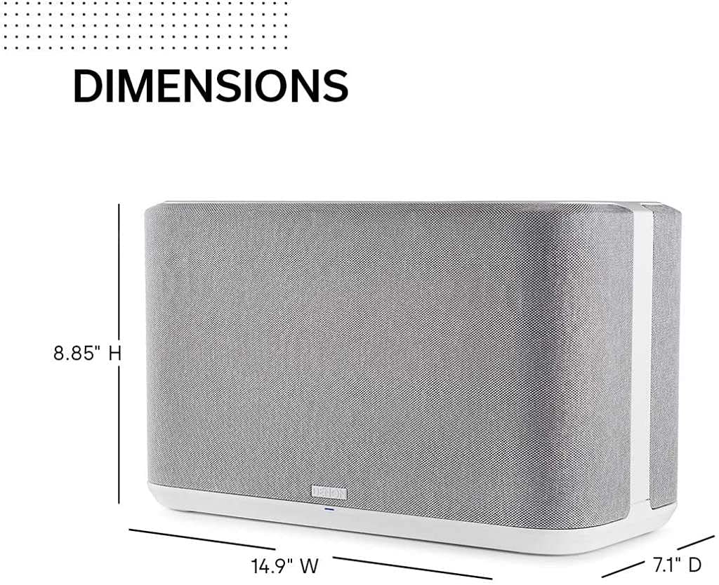 Denon Home 350 speaker face details show dual tweeters and woofers.