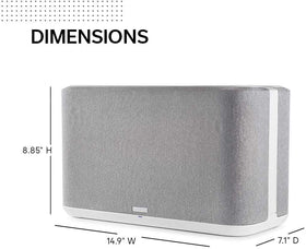 Denon Home 350 speaker face details show dual tweeters and woofers.