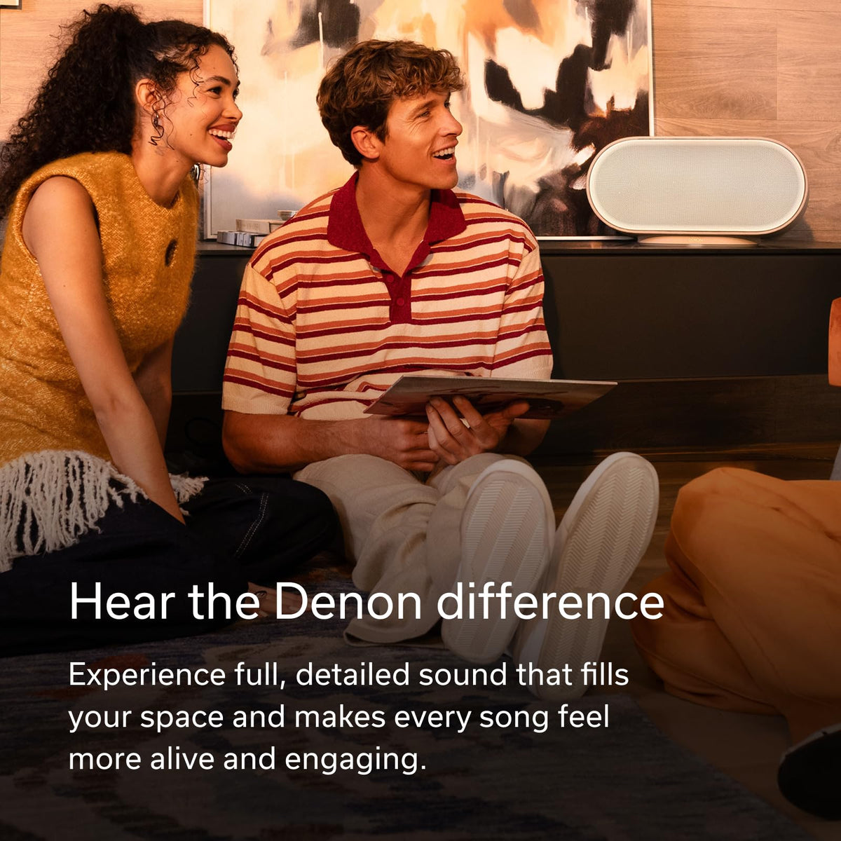 Denon Home 600 side profile showing compact footprint and wide sound dispersion.