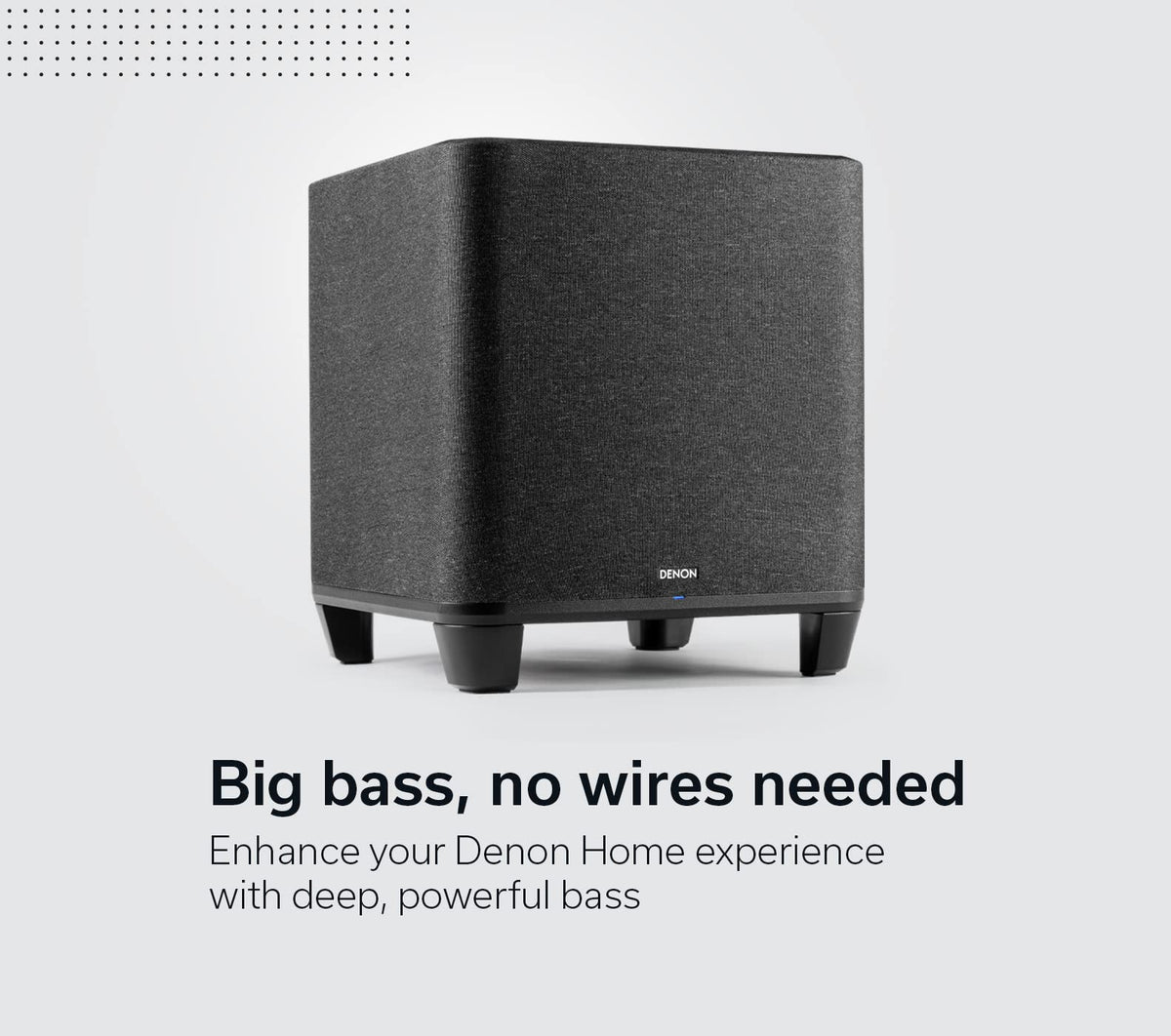 Denon Home Subwoofer compact design blending with room decor.