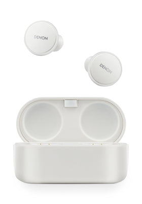 Denon PerL Pro earbuds in charging case ready for travel