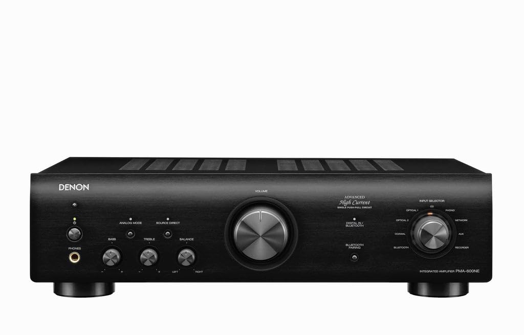 Denon PMA-600NE front panel with tactile controls for precise volume and source selection.