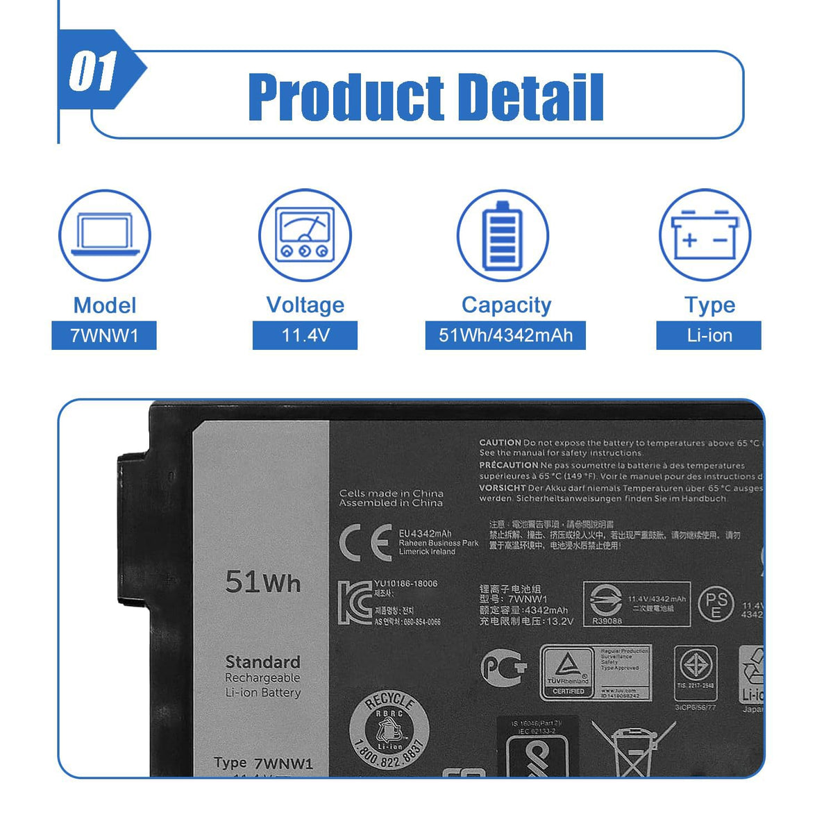 Dentsing close-up of top label showing voltage and capacity for quick verification