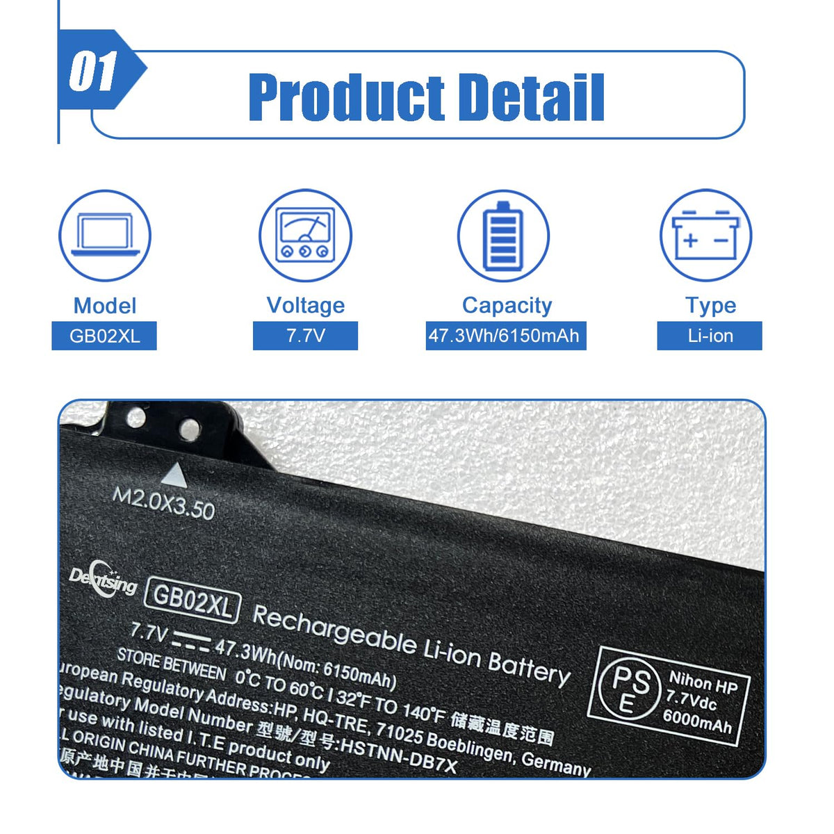 Dentsing GB02XL/GM02XL battery back view with connectors and model label for quick checks