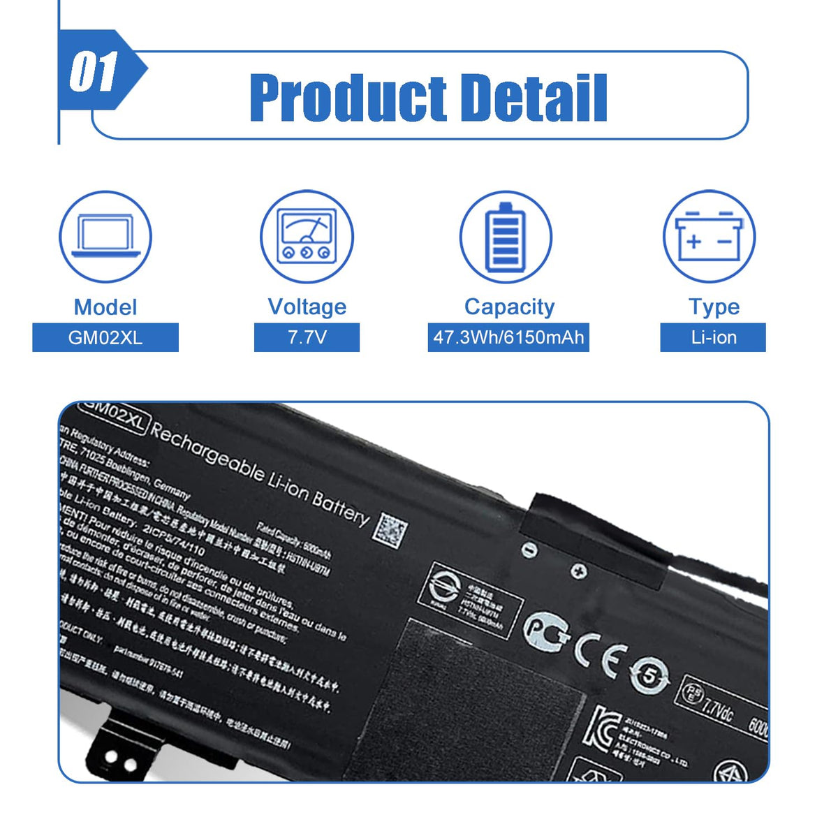 Dentsing GM02XL battery back label aids quick model verification.