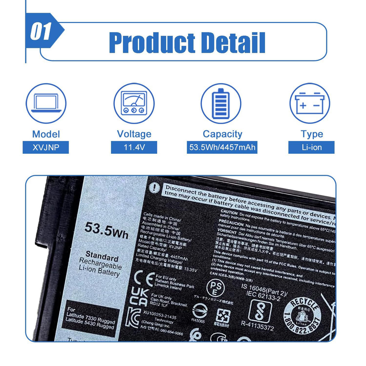 Dentsing XVJNP battery side profile highlights 11.4V 53.5Wh capacity for longer uptime.