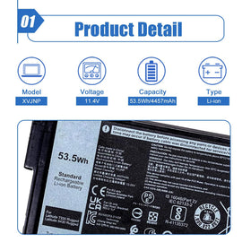 Dentsing XVJNP battery side profile highlights 11.4V 53.5Wh capacity for longer uptime.