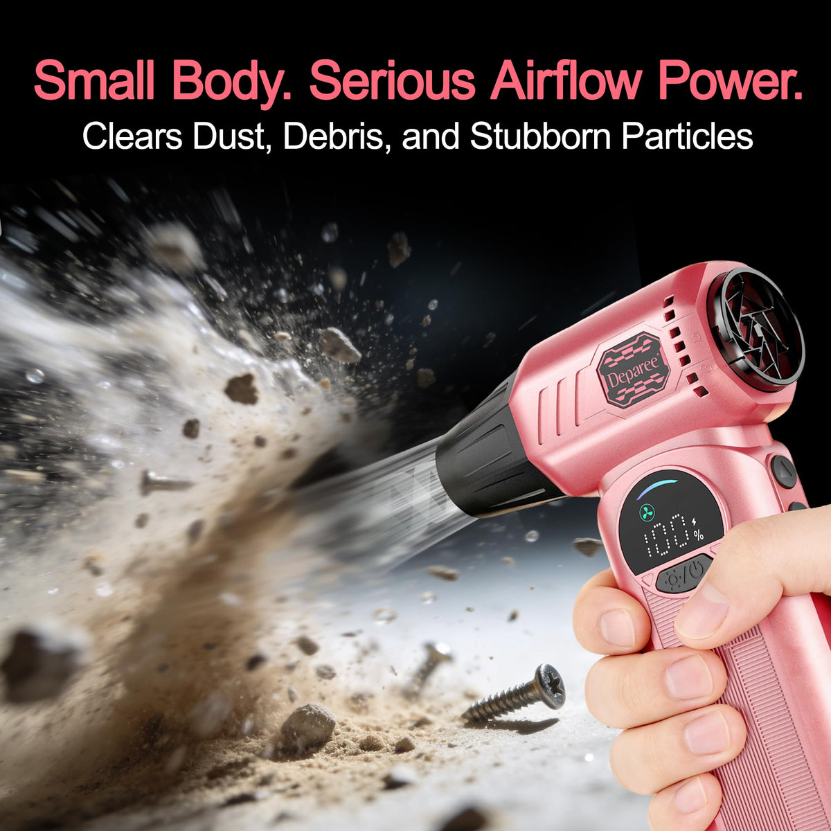 Deparee pink air duster 8000mAh battery: long cordless operation for extended sessions.