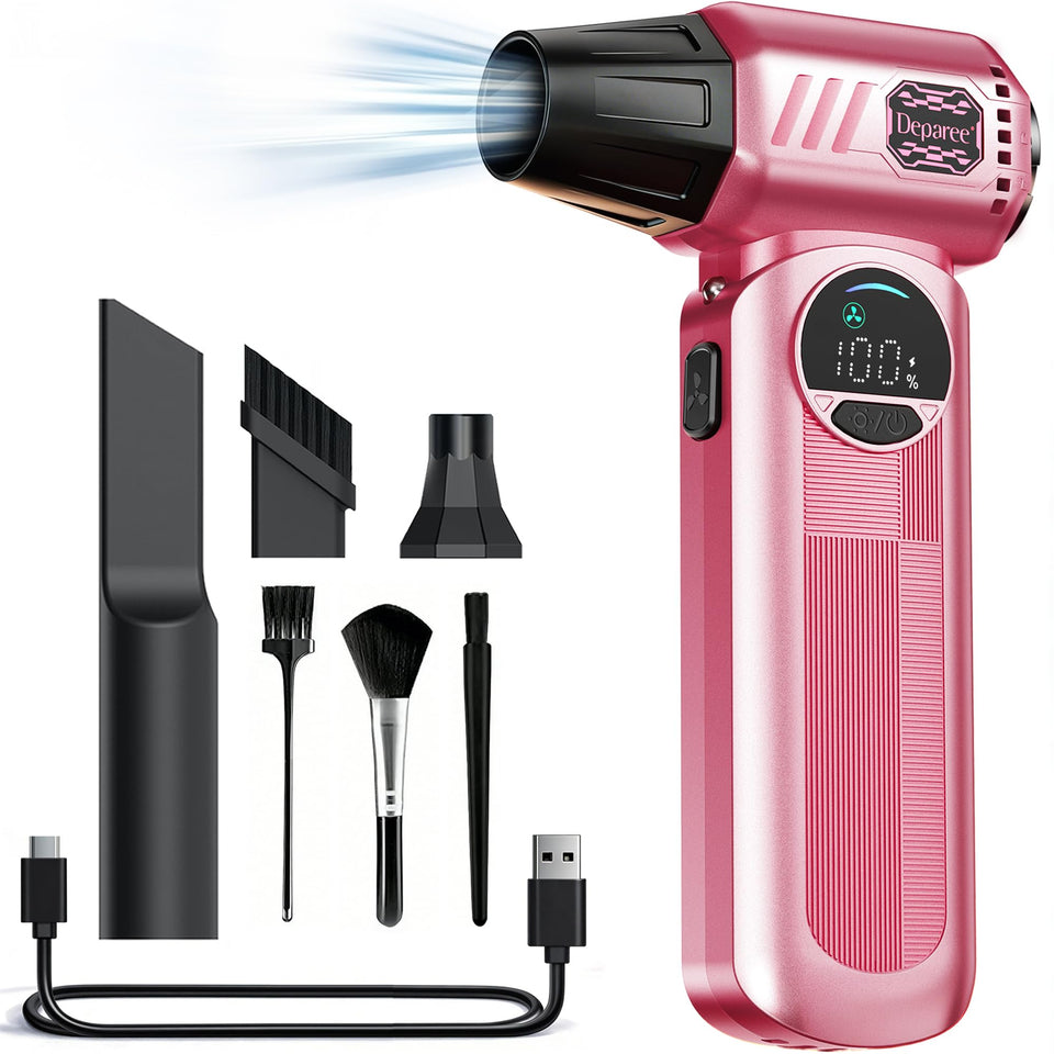 Deparee pink air duster keyboard: powerful airflow removes dust from keys and crevices.