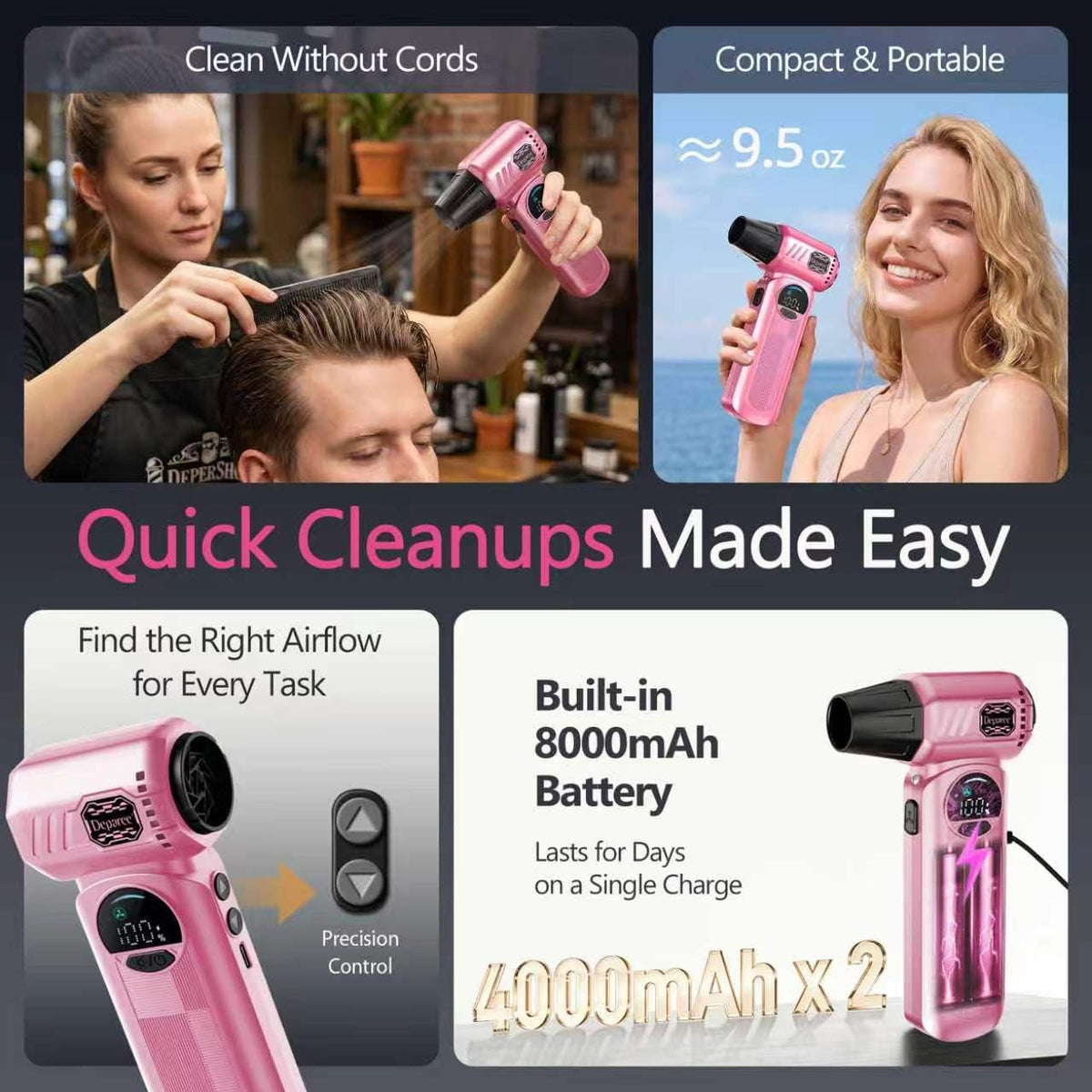Deparee pink air duster LED light: illuminates tight spaces for precise cleaning.