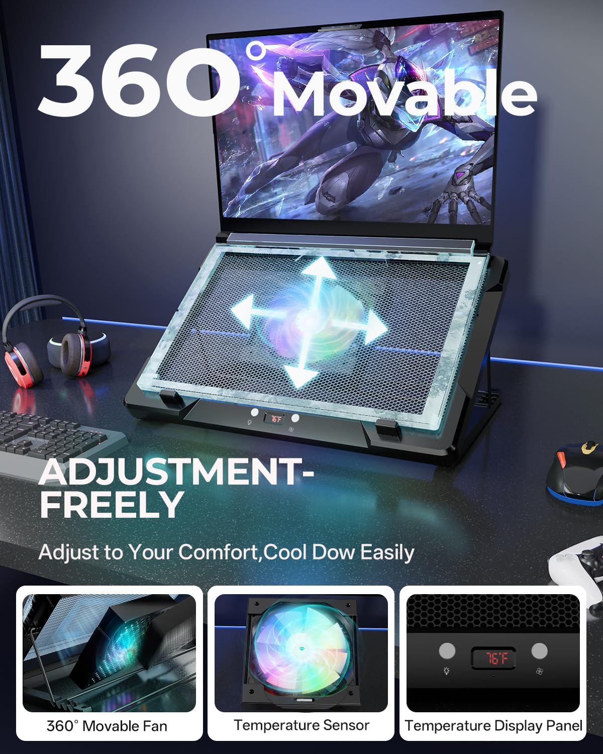 DEPGI cooling pad with eight RGB lighting modes for immersive gaming visuals.