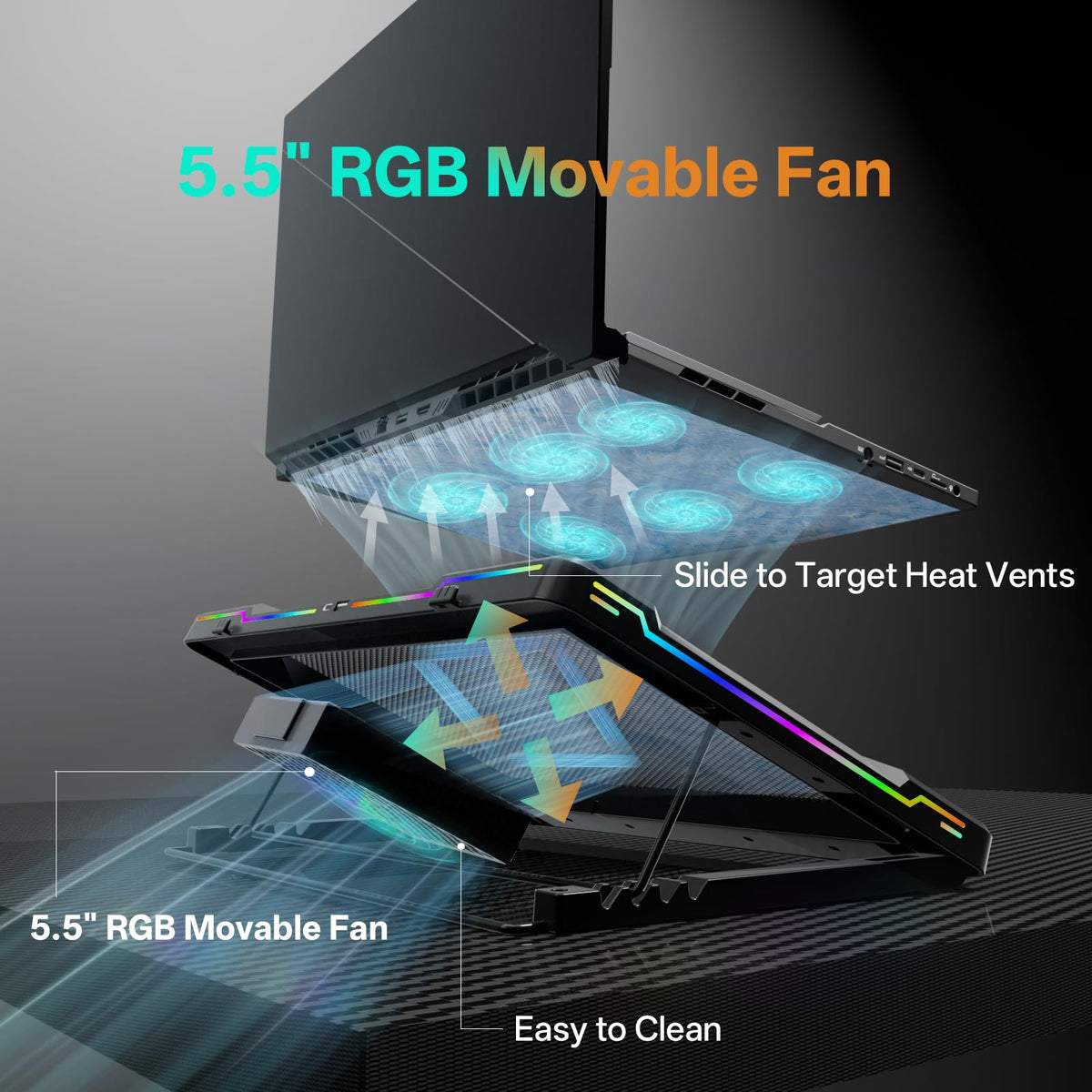 DEPGI close-up of 5.5-inch sliding fan targeting hotspots for better cooling