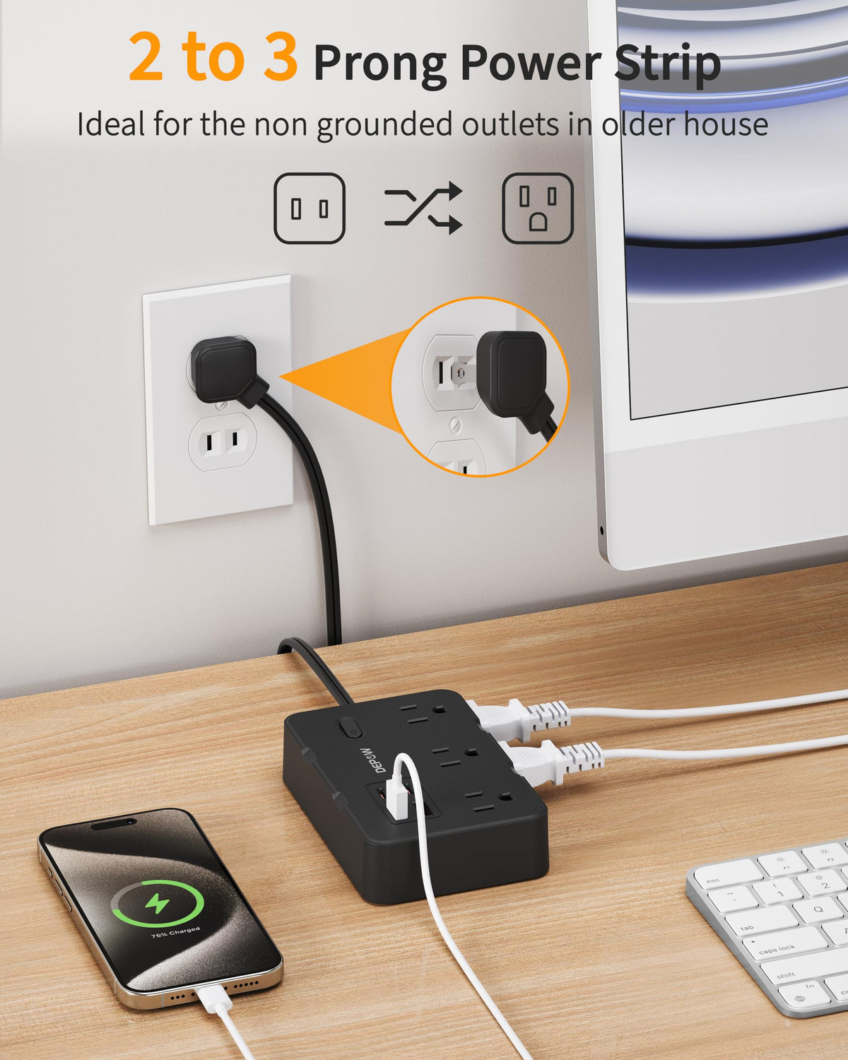 DEPOW 10-in-1 power strip front view showing six outlets and USB ports for versatile charging.