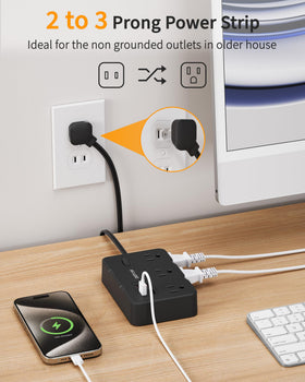 DEPOW 10-in-1 power strip front view showing six outlets and USB ports for versatile charging.