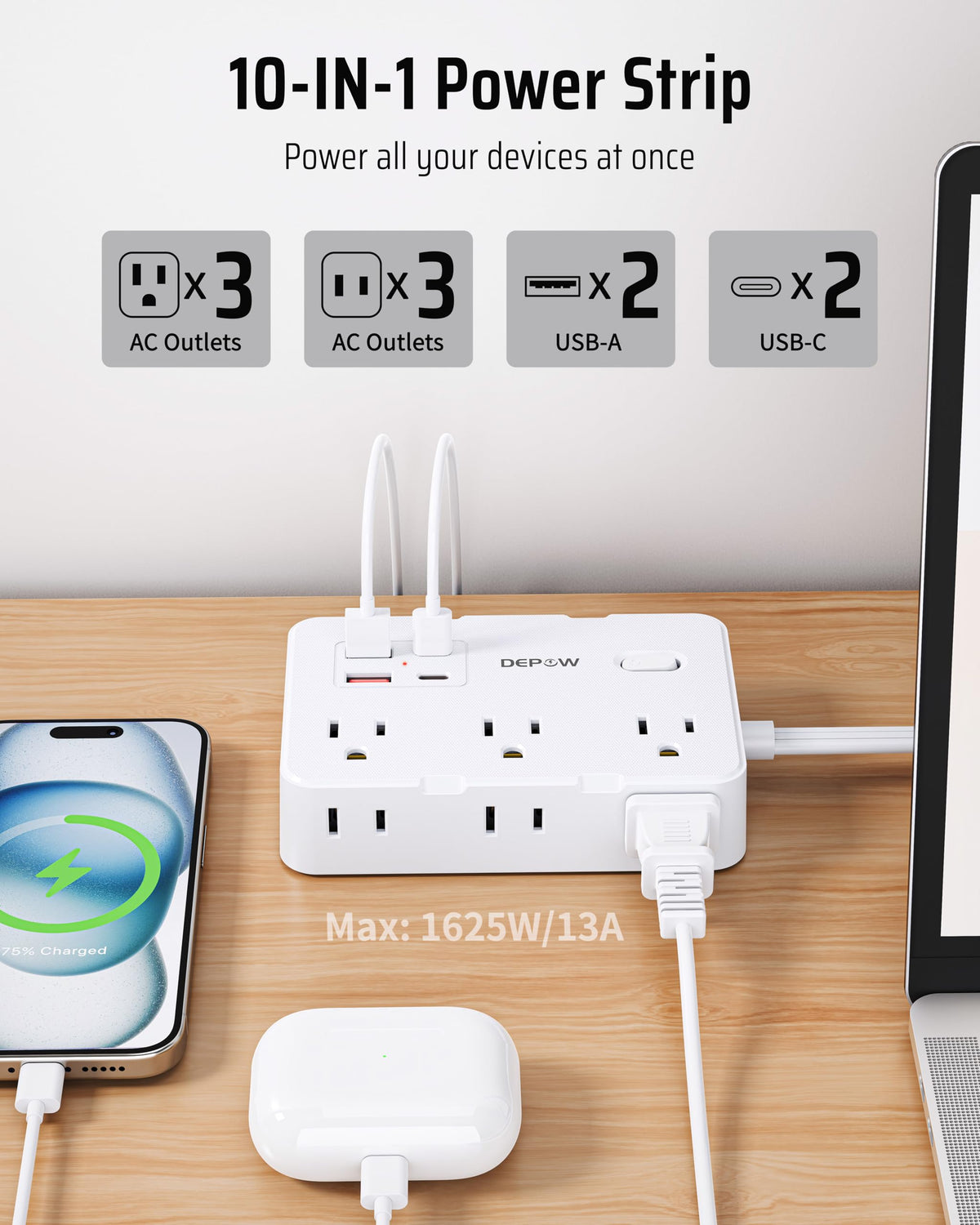 DEPOW 10 ft extension cord powers multiple devices from a single outlet.