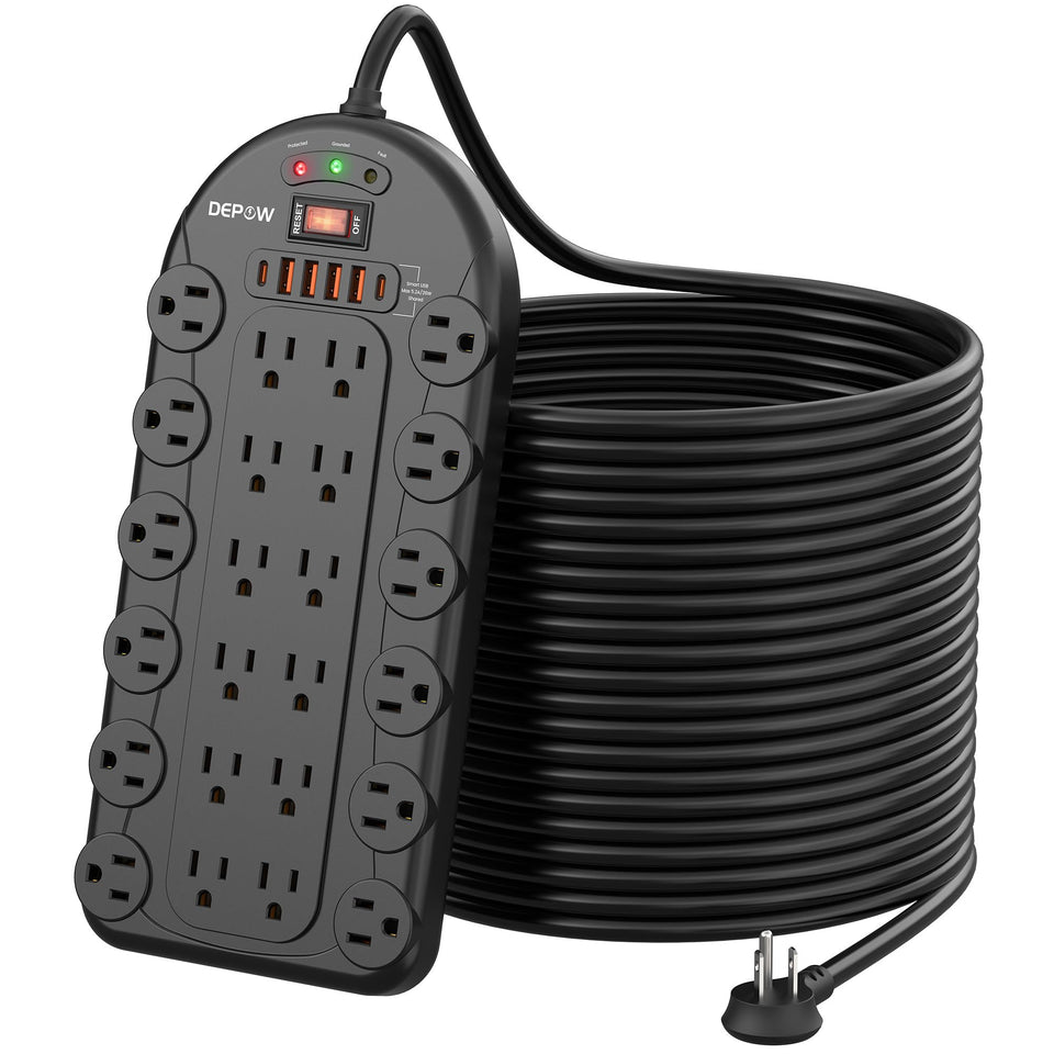 DEPOW 25 ft power strip surge protector showcases organized power for multiple devices.