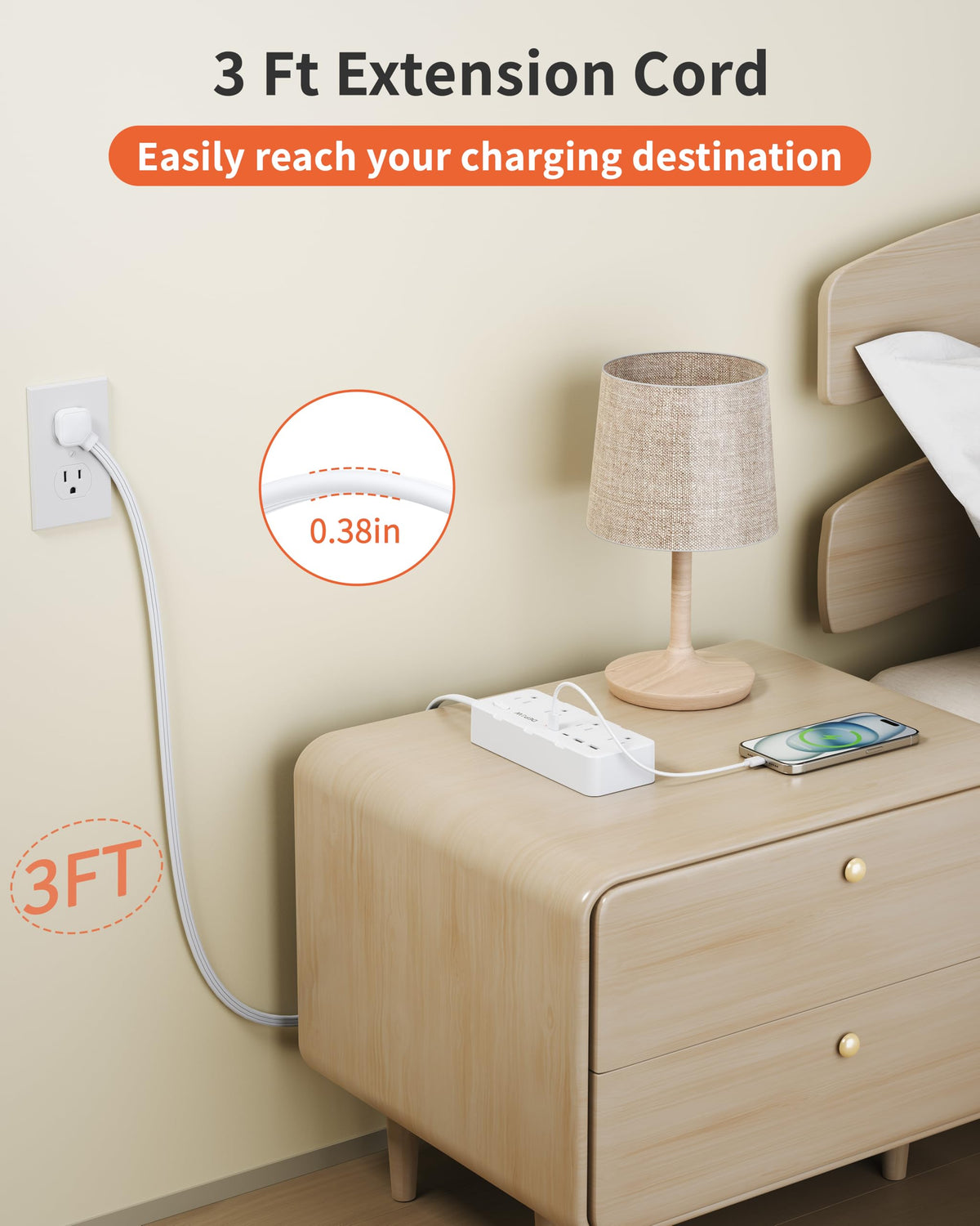 DEPOW 3-foot extension cord keeps cords tidy along walls