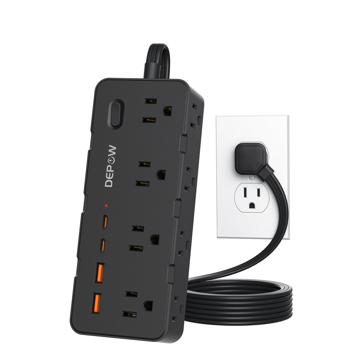DEPOW 3ft power-strip with flat plug fits behind furniture for discreet setup.