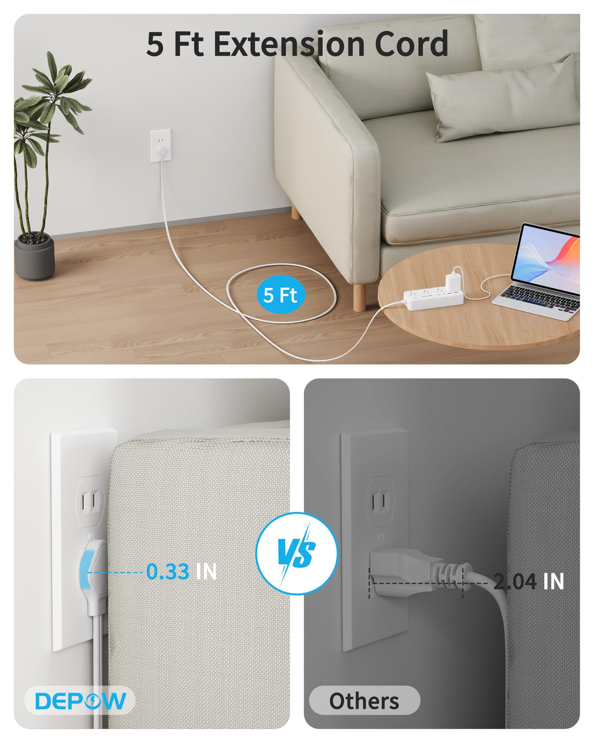 DEPOW 5-foot extension cord reaches distant outlets with ease.