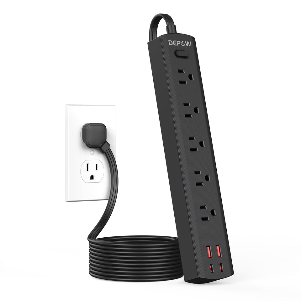 DEPOW black surge protector power strip with multiple outlets for organized charging.