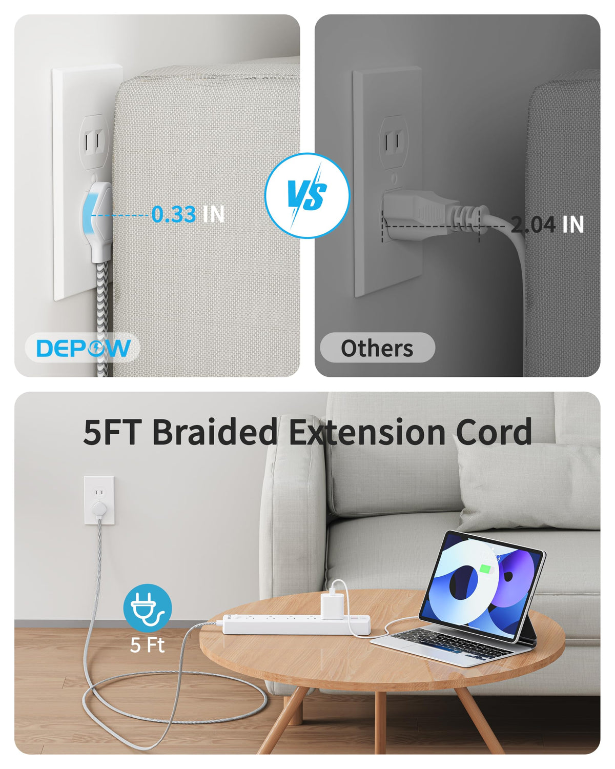 DEPOW braided 5ft cord resists tangling for reliable use.