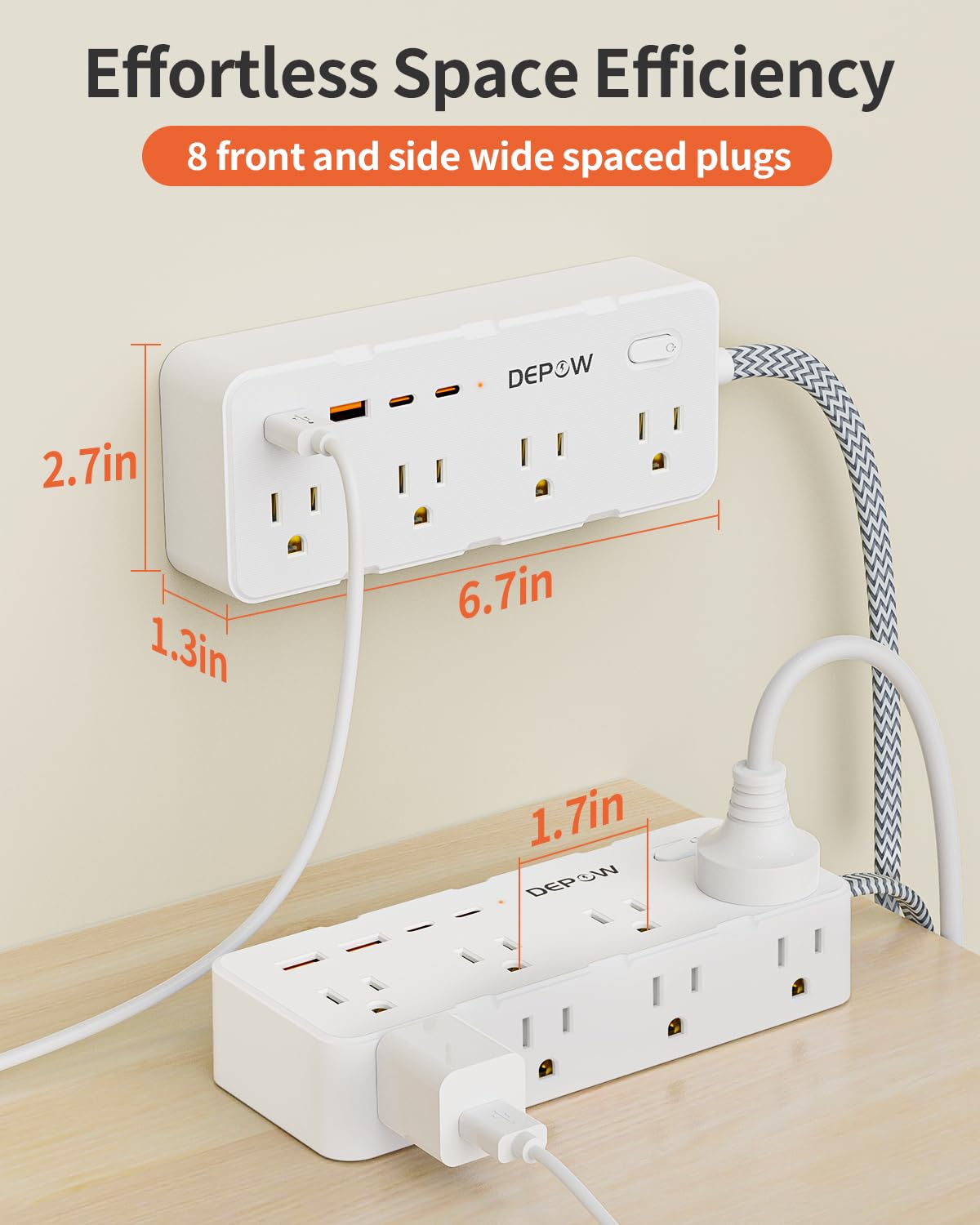 DEPOW braided 5ft cord provides durable, flexible power hookup.