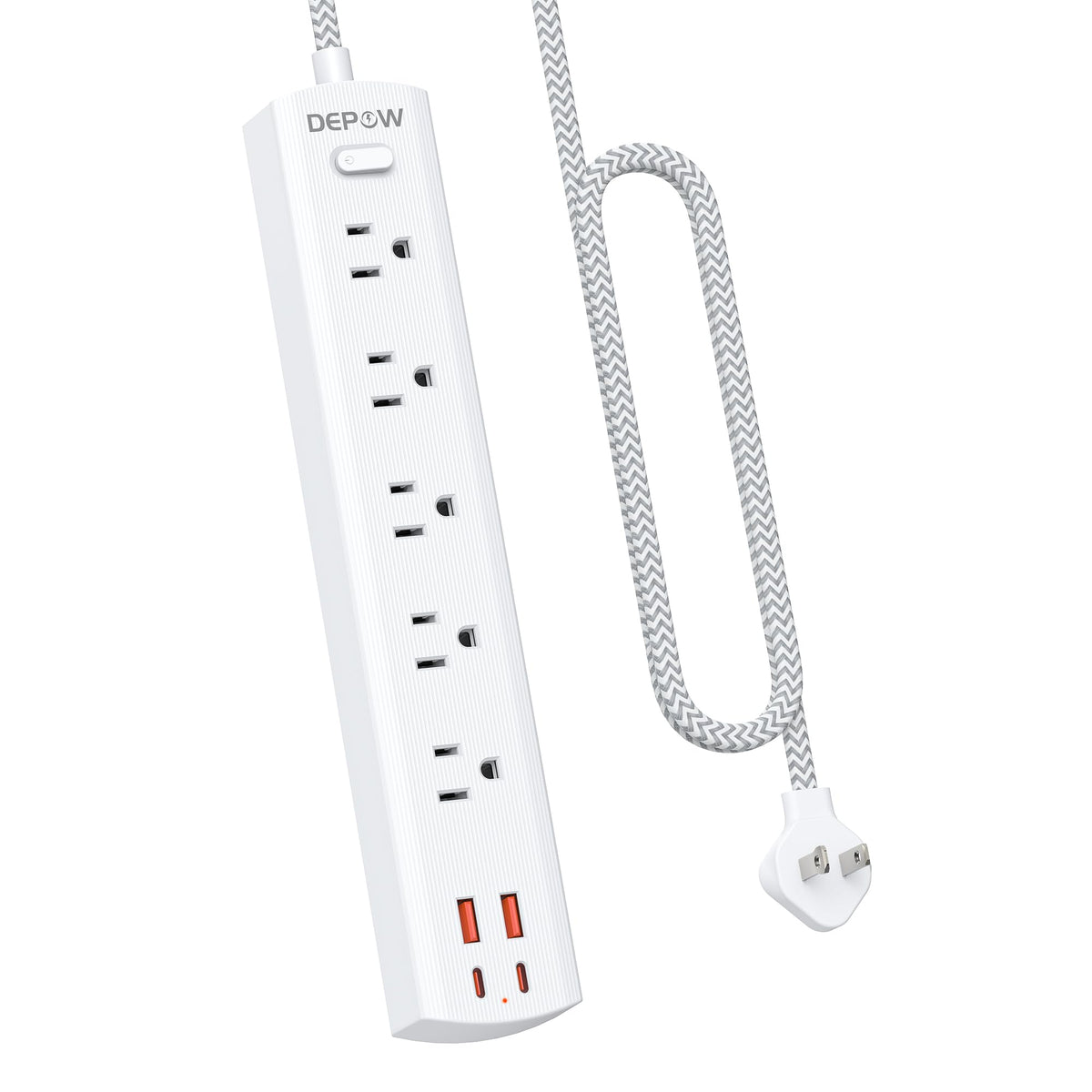 DEPOW compact workstation power strip reduces clutter and powers devices.