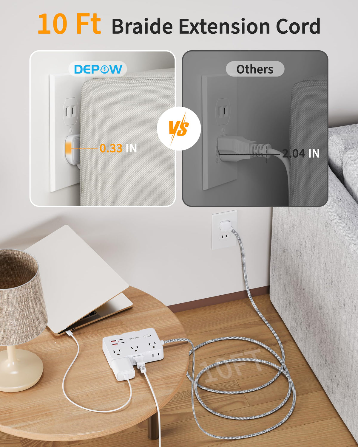 DEPOW stretched 10ft cord demonstrating reach to distant wall outlets