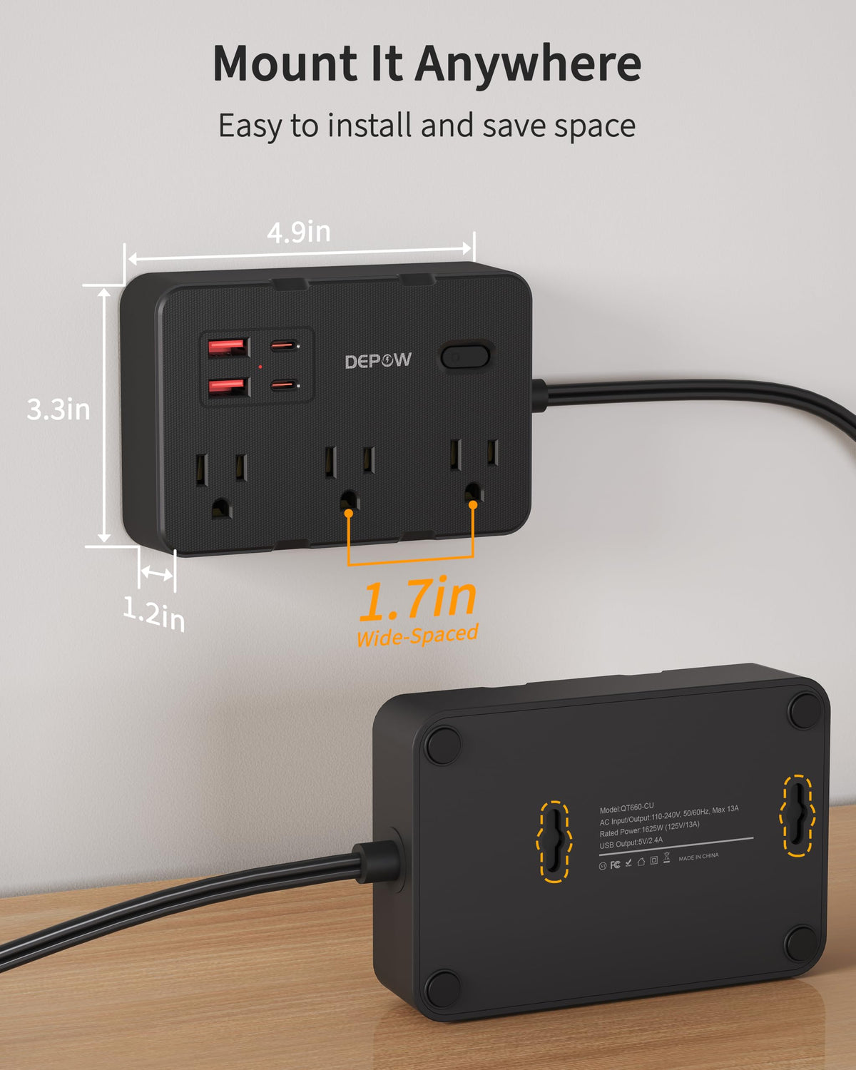 DEPOW desk setup demonstrates powering multiple devices from a compact strip.