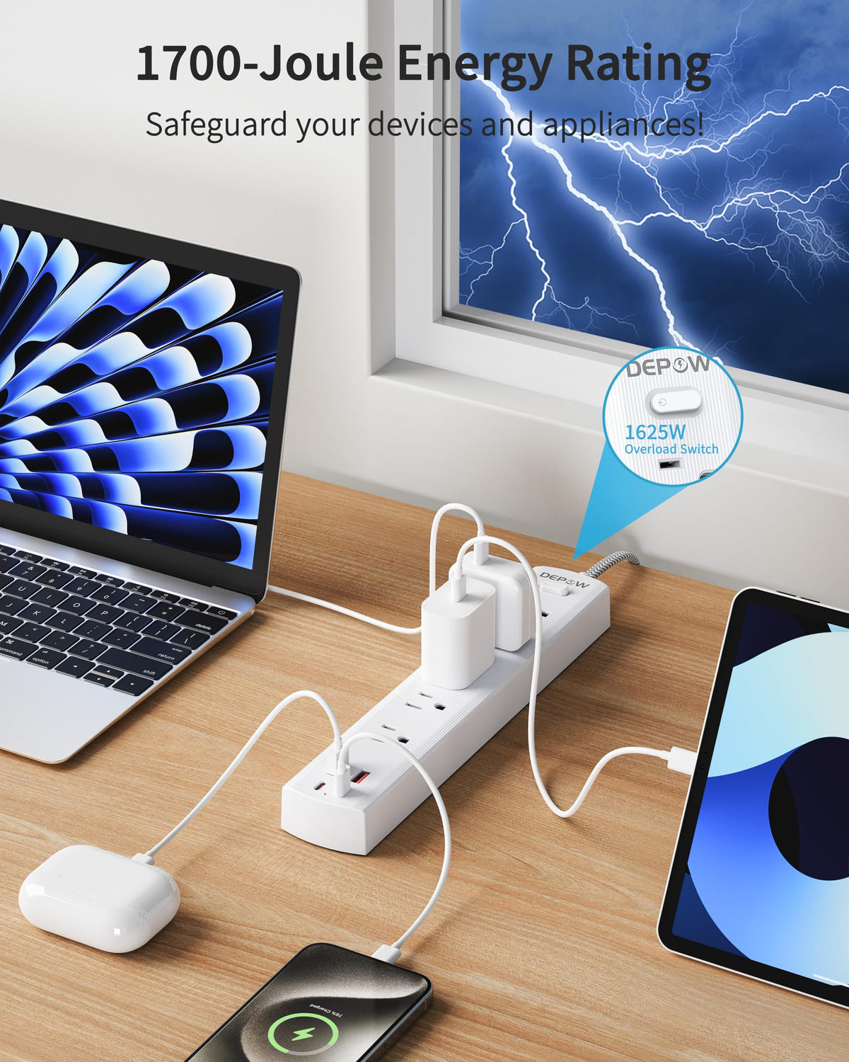 DEPOW flat 90-degree plug fits behind furniture for space saving.