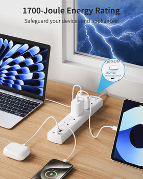 DEPOW flat 90-degree plug fits behind furniture for space saving.