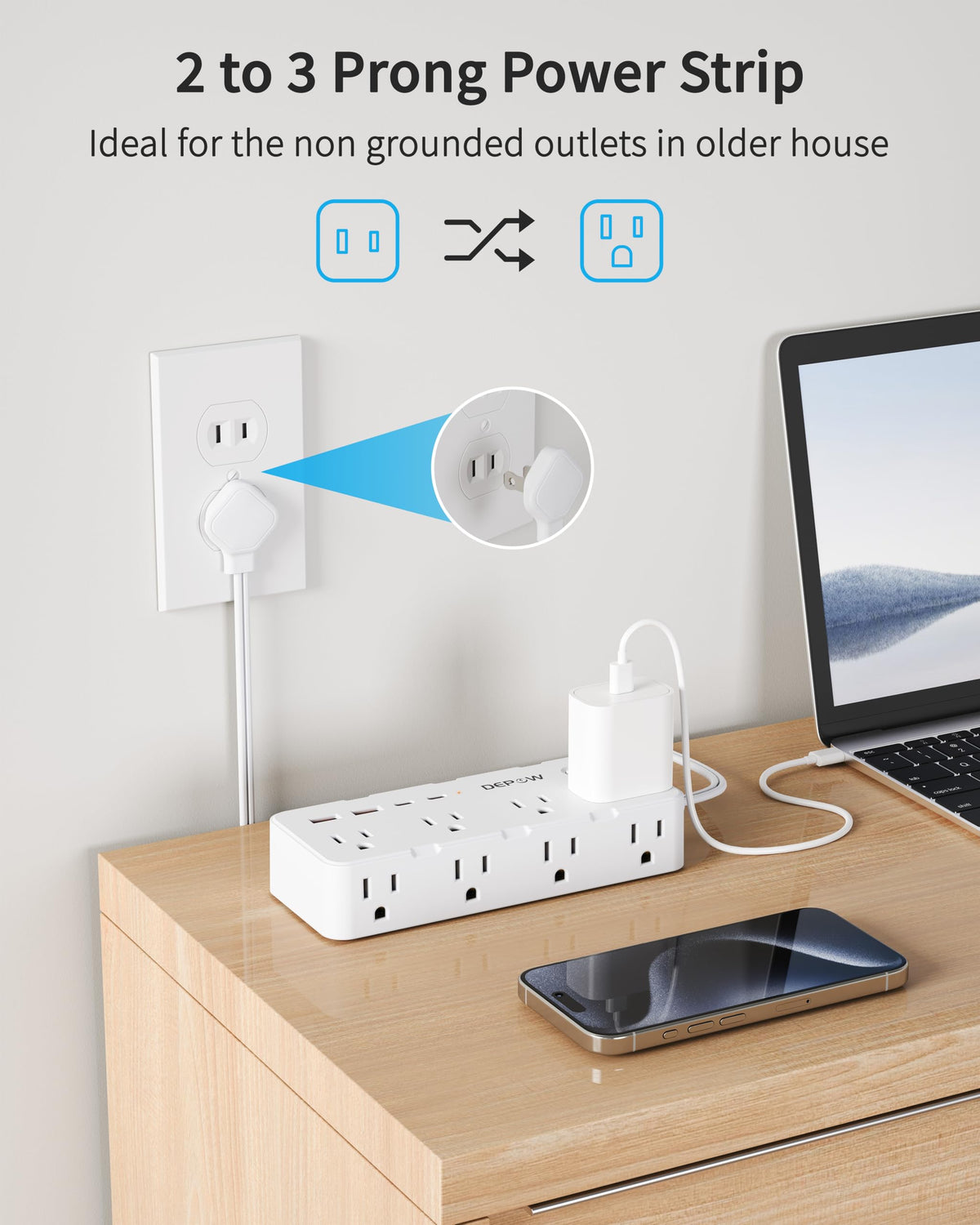 DEPOW thin flat plug and 10ft cord profile fitting behind furniture for space saving