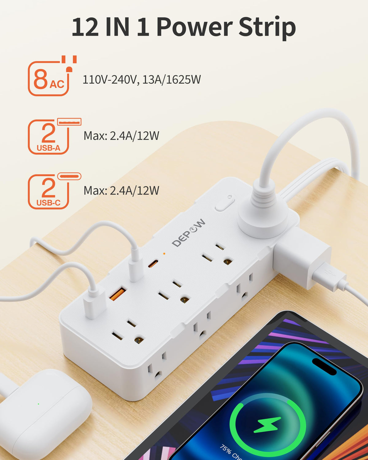 DEPOW flat-plug right-angle design fits behind furniture neatly