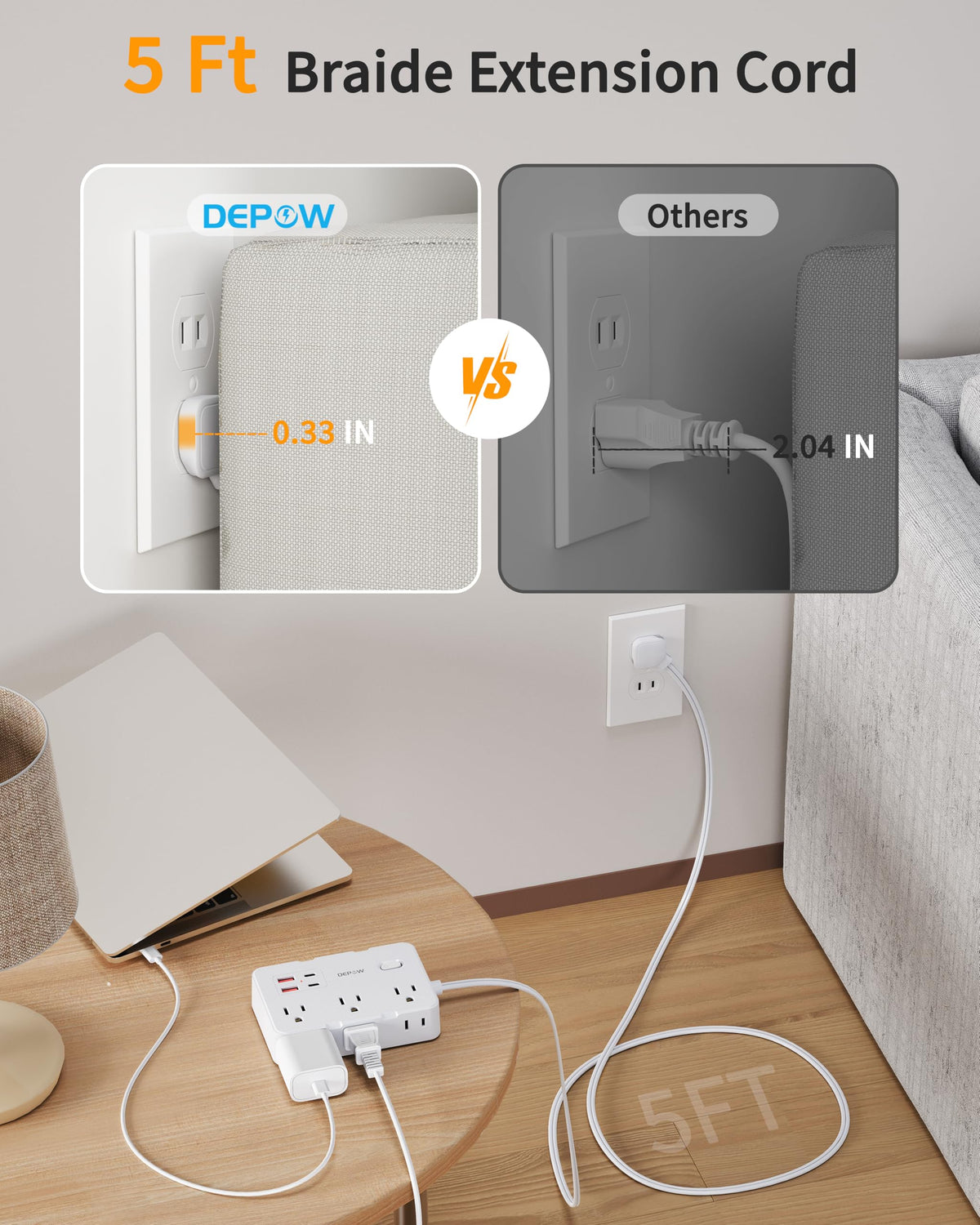DEPOW flat plug design saves space behind furniture and desks