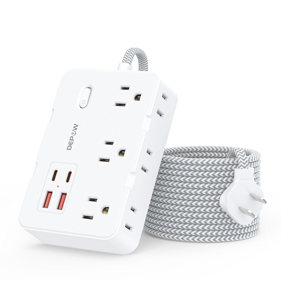 DEPOW front view showing six outlets and four USB ports for organized charging