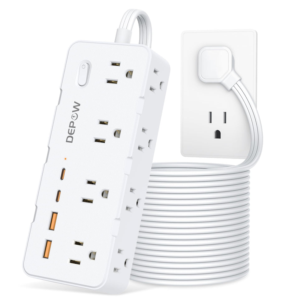 DEPOW front view of power strip showing outlets and USB ports for versatile charging