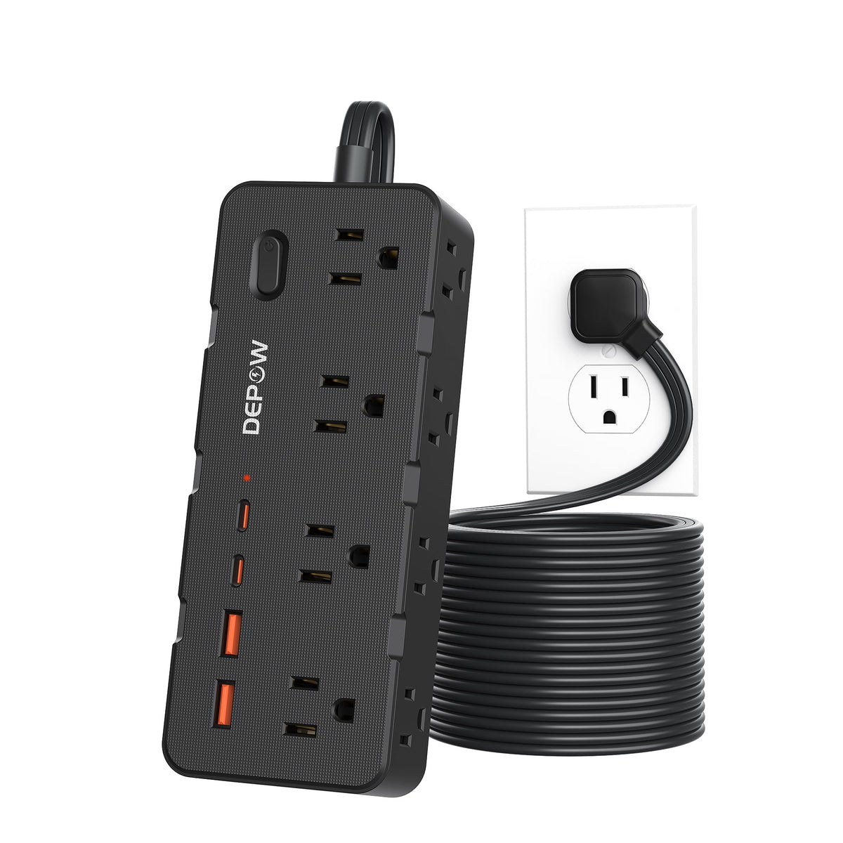 DEPOW front view showing eight outlets and four USB ports for versatile charging