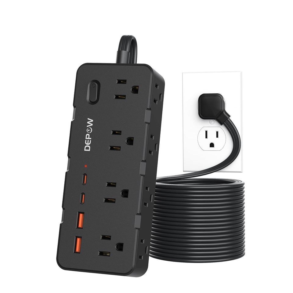 DEPOW front view showing eight outlets and four USB ports for versatile charging