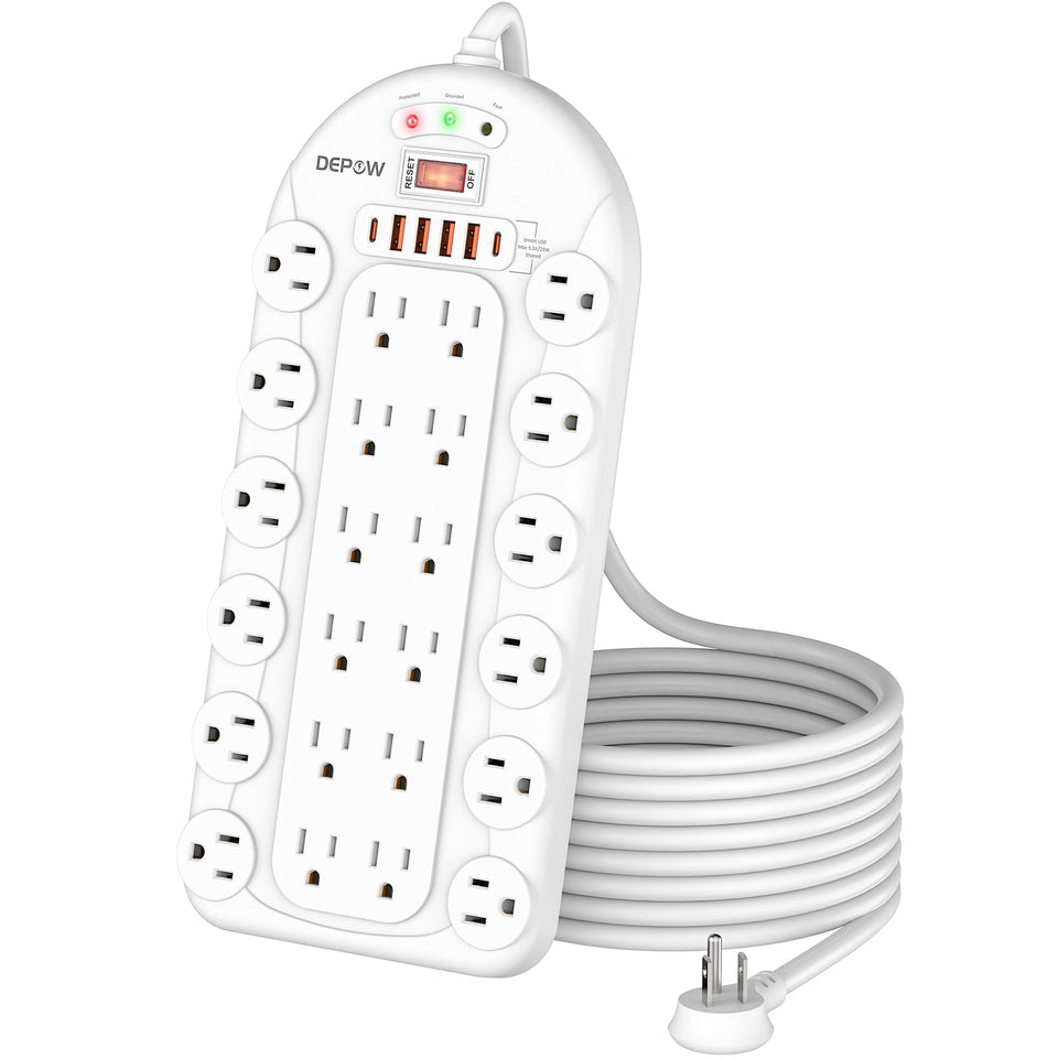 DEPOW front view of power strip showing 24 outlets and USBs, organized charging