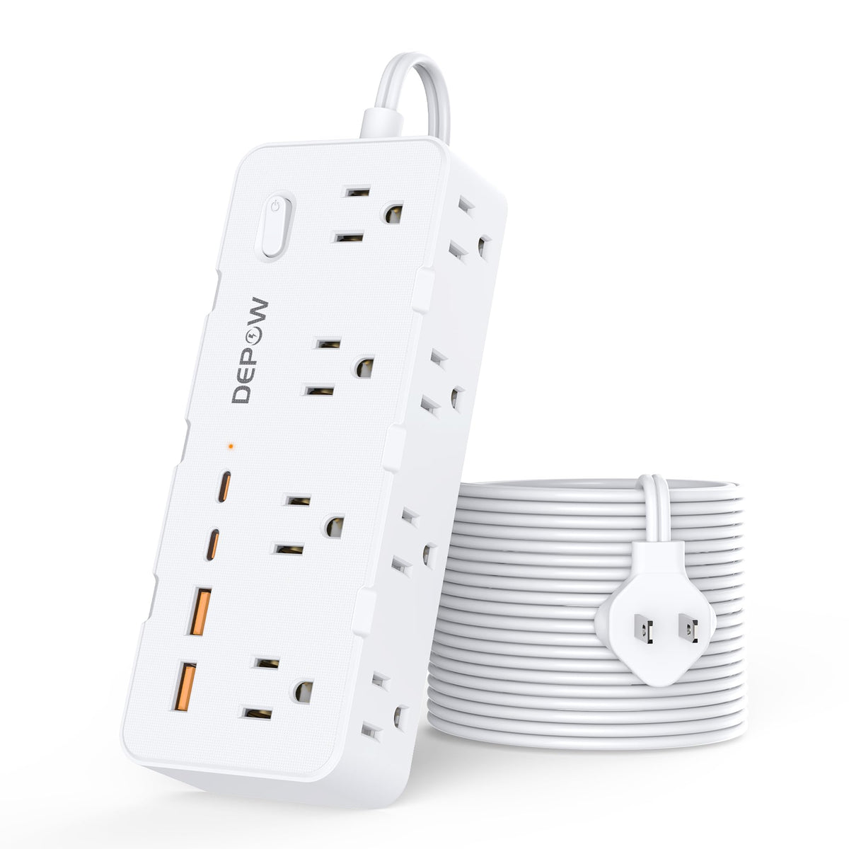 DEPOW front view of power strip showing AC outlets and USB ports for organized charging