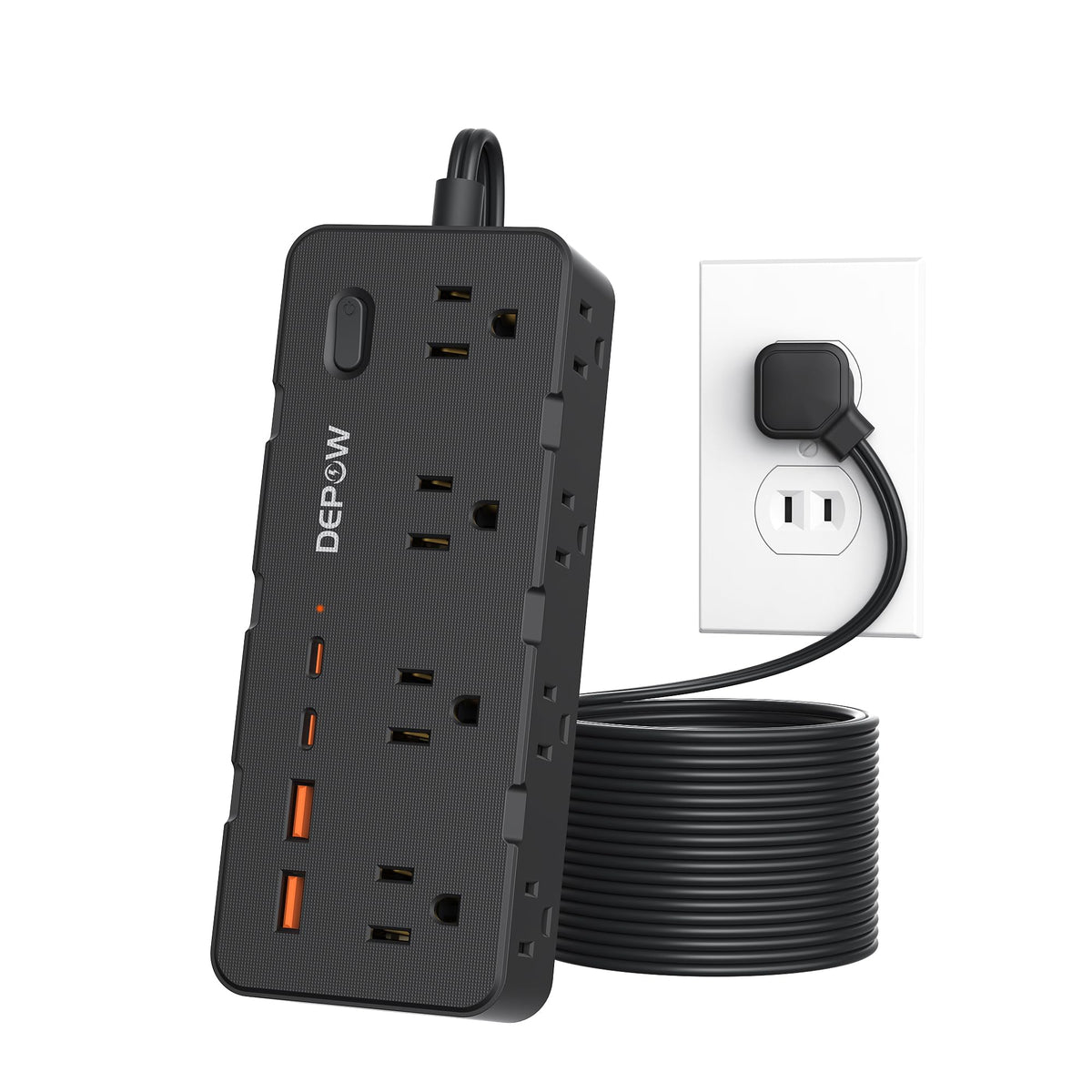 DEPOW power strip front view showing outlets and ports for organized charging