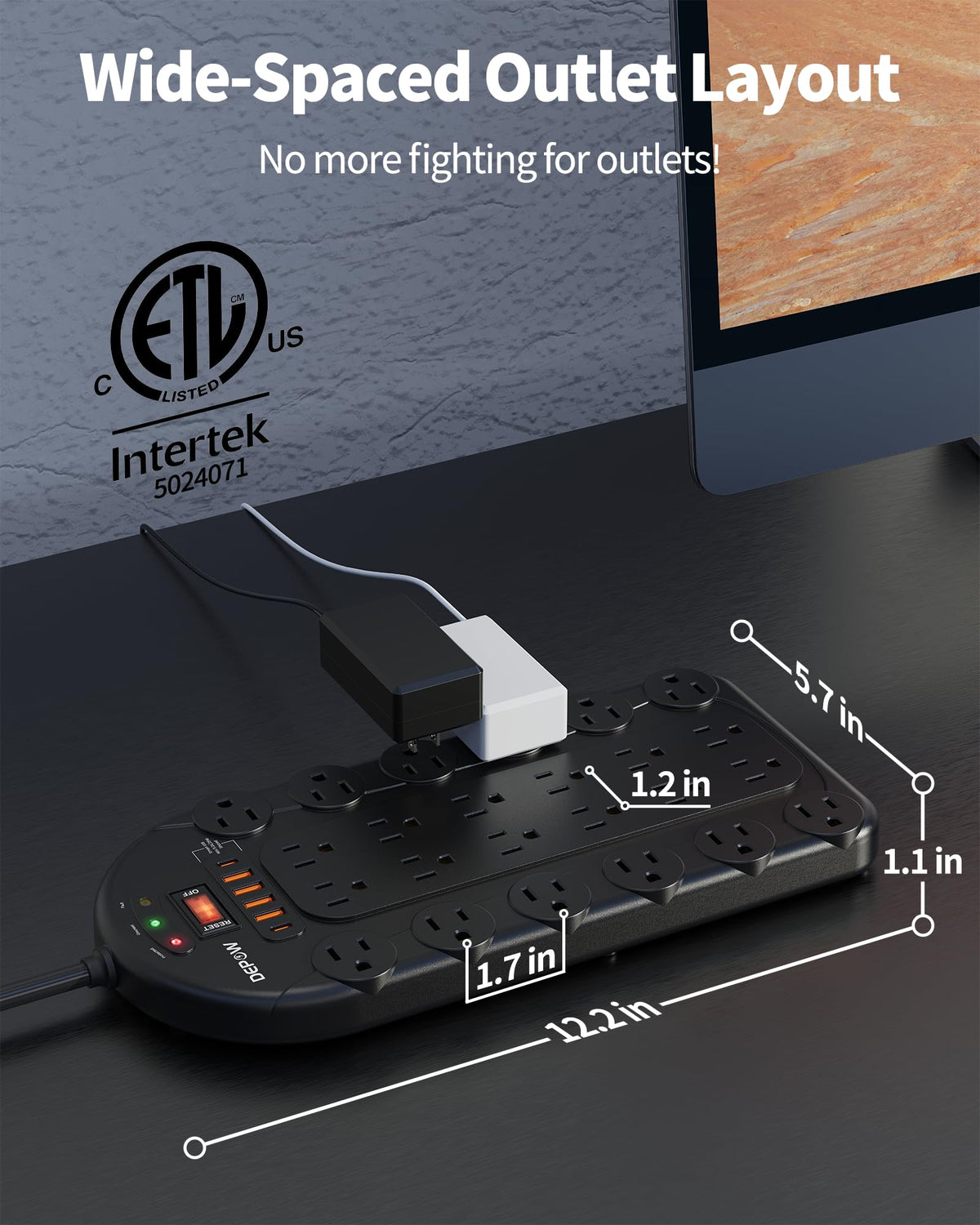 DEPOW detail of wide outlet spacing allowing bulky adapters to fit comfortably
