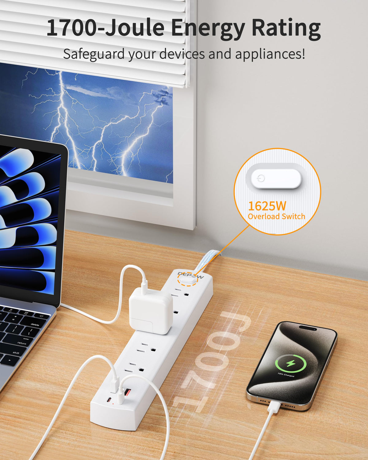 DEPOW 1700J surge protector emphasizing device safety protections