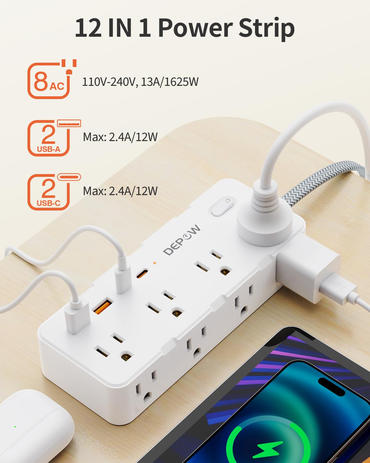 DEPOW 4 USB ports, including USB-C, for fast, convenient device charging.