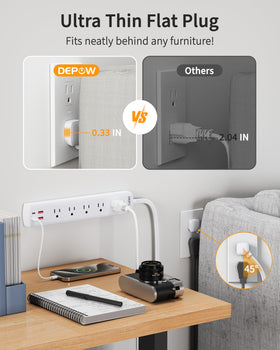 DEPOW flat extension cord close-up highlighting ultra-thin plug
