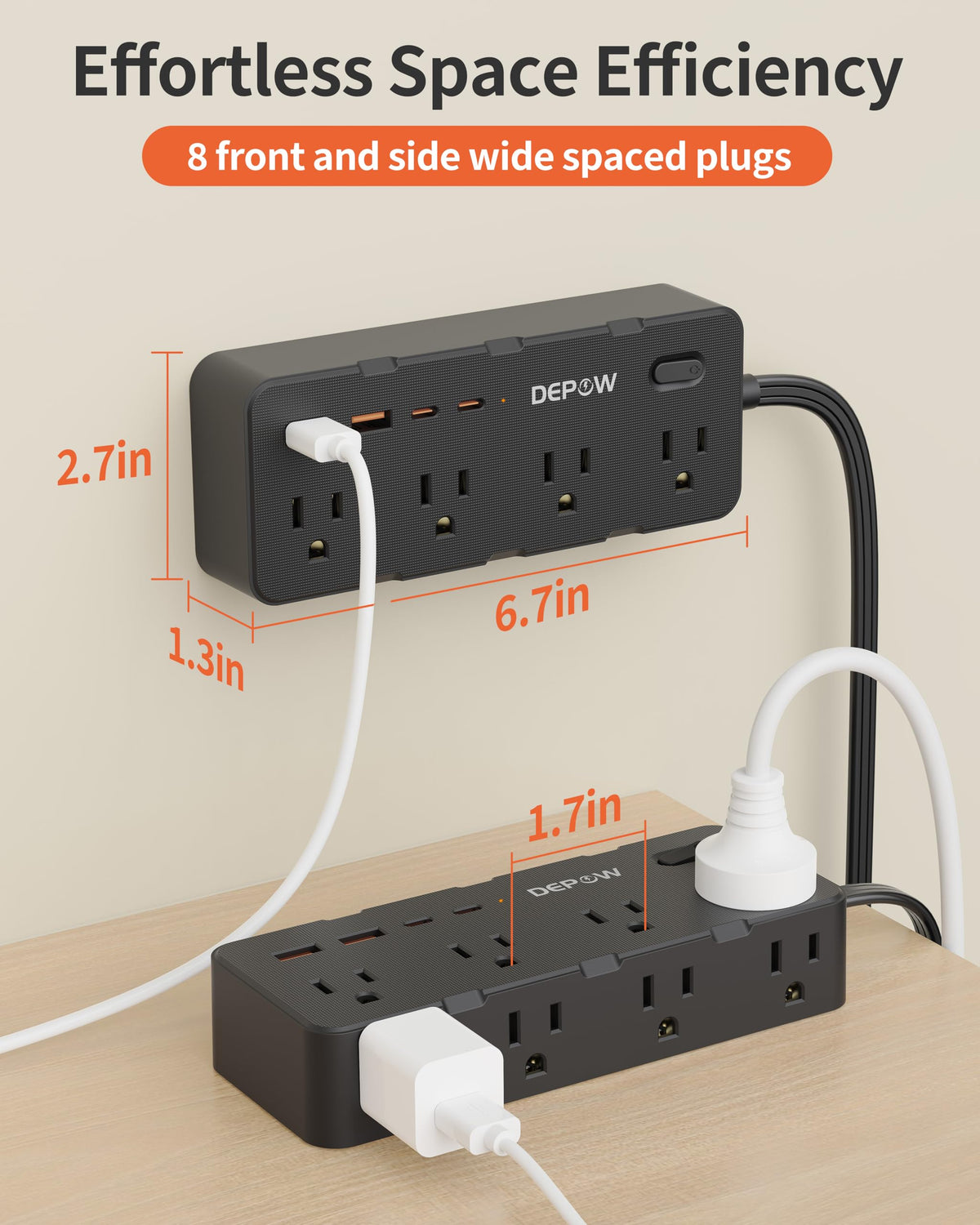 Depow home office setup benefits from eight outlets and four USB ports.