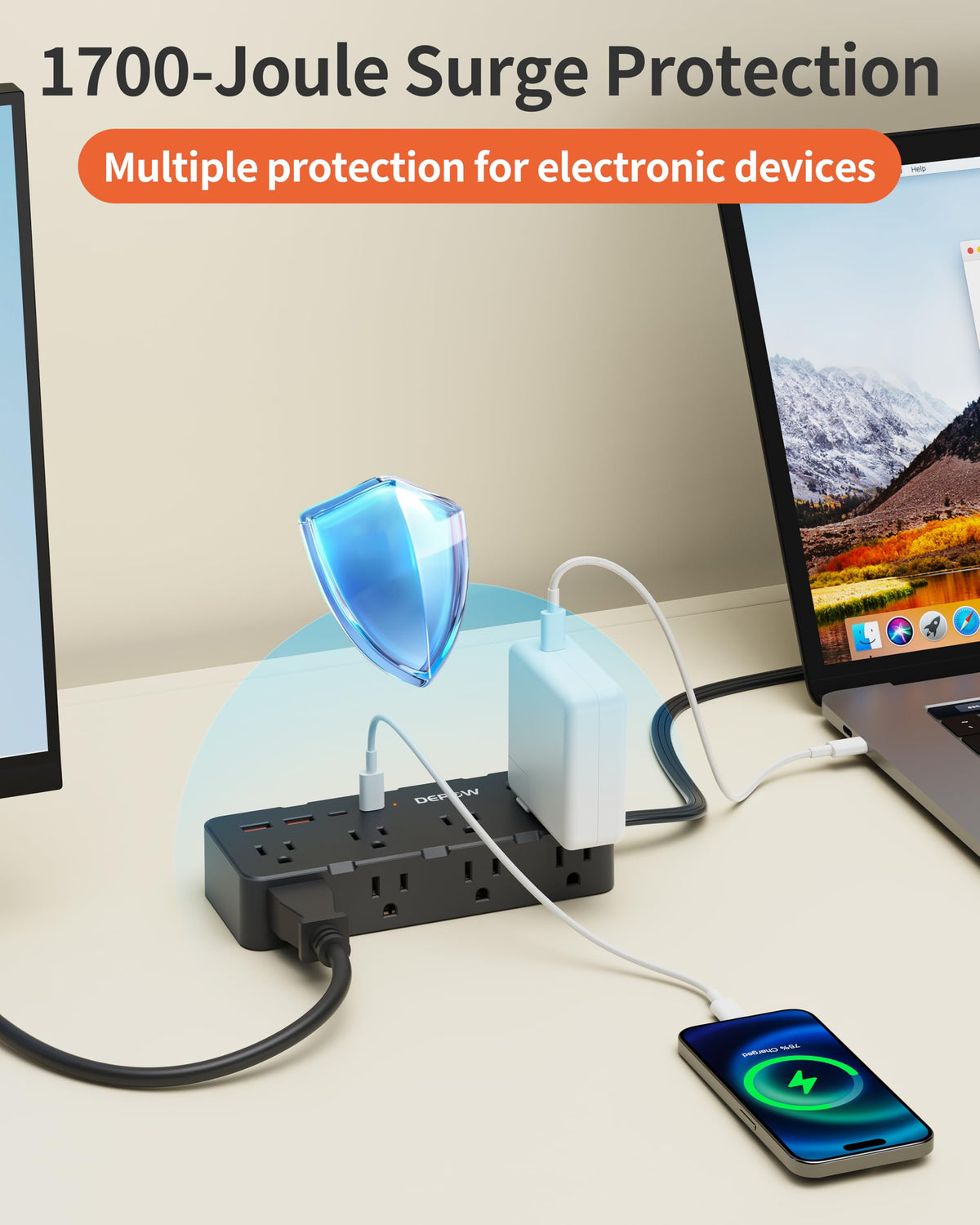 Depow power strip with overload protection prevents excess draw from harming devices.